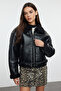 Siyah Regular Kalıp Peluş Detaylı Suni Deri Biker Ceket Mont TWOAW24MO00279 - 3