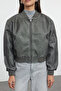 Anthracite Distressed Detail Faux Leather Bomber Jacket Coat TWOAW24MO00278 - 10