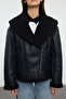 Siyah Oversize Kalıp Peluş Detaylı Suni Deri Biker Ceket Mont TWOAW25MO00037 - 4