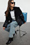 Siyah Oversize Kalıp Peluş Detaylı Suni Deri Biker Ceket Mont TWOAW25MO00037 - 3