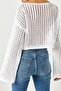 Women's White Spanish Sleeve Wide Collar Openwork Loose Perforated Crop Knitwear Blouse - 3