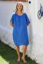 Italian Blue Boat Neck Short Sleeve Buttoned Cotton Woven Casual Dress - 6