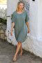 Italian Khaki Boat Neck Short Sleeve Buttoned Cotton Woven Casual Dress - 4