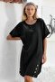 Italian Black Boat Neck Short Sleeve Buttoned Cotton Woven Casual Dress - 3