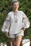 White Halter Neck Balloon Sleeve Collar and Sleeve Embroidered Woven Casual Blouse - 4