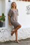 DarK Beige Boat NecK - Buttoned Cotton Casual Dress, Short Sleeve - 6