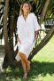 Organic Cotton White Shirt Collar Buttoned 3/4 Sleeve Double Pockets Backless Woven Casual Dress - 4