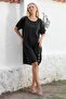 Italian Black Boat Neck Short Sleeve Buttoned Cotton Woven Casual Dress - 4