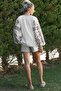 White Halter Neck Balloon Sleeve Collar and Sleeve Embroidered Woven Casual Blouse - 8