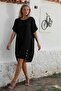Italian Black Boat Neck Short Sleeve Buttoned Cotton Woven Casual Dress - 6