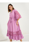 Lace Insert Midi Dress with Tassel Tie Waist - 5