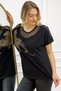 Comfortable Fit Mesh Detailed Tiger Crystal Stone Large Size Cotton Women's Black T-Shirt