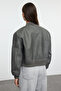 Anthracite Distressed Detail Faux Leather Bomber Jacket Coat TWOAW24MO00278 - 12