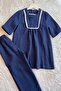 Girl - Navy Blue Muslin Cream Laced Cotton Organic Pants Set