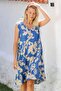 Blue-Beige V-Neck Sleeveless Woven Casual Dress with Ruffles at the Hem - 2