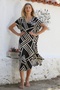 Black-Beige V-Neck Short Sleeve Allover Printed Woven Casual Dress