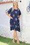 Italian Navy Blue Boat Neck Short Sleeve Pocketed Allover Printed Woven Casual Linen Blend Dress - 5