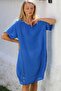 Italian Blue Boat Neck Short Sleeve Buttoned Cotton Woven Casual Dress - 2