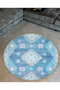 Mira Round Turquoise Tones Ethnic Pattern Detailed Woven Base Modern Decorative Carpet 5606 - 3