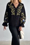 Women's Black Button Detail Wide Fit Complete Embroidery Embroidered Cotton Blouse - 3