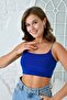 Women's Blue Stretchy Cotton Fabric Elastic Strap Detail Crop Blouse 10530 - 5