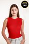 Women's Red Corded Lycra Zero Sleeve Crew Neck Knitted Tank Top Tshirt Blouse
