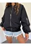 Unisex Elastic Waist Arm Pocket Zippered Bomber Black Jacket