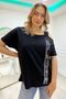 Loose Cut Plus Size One Shoulder Open Crystal Stone Women's Short Sleeve Cotton Black T-shirt - 6