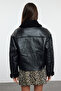 Siyah Regular Kalıp Peluş Detaylı Suni Deri Biker Ceket Mont TWOAW24MO00279 - 4