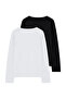 Siyah-Beyaz 2'li Paket %100 Pamuk V Yaka Regular/Normal Kesim Örme T-Shirt TWOAW25TS00002 - 22