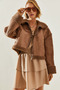 Women's Tan Sleeve Pleated Detail Laminated Bark Coat 2335 60101004