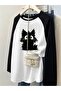 تي شيرت أبيض بأكمام طويلة وطبعة قطة سوداء من Vintage Raglan