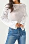 Women's White Spanish Sleeve Wide Collar Openwork Loose Perforated Crop Knitwear Blouse - 2