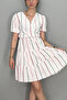 Women's Double-Breasted Kiloş Dress with Colorful Lines on White - 4