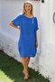 Italian Blue Boat Neck Short Sleeve Buttoned Cotton Woven Casual Dress - 5