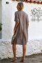 DarK Beige Boat NecK - Buttoned Cotton Casual Dress, Short Sleeve - 8
