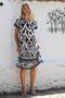 Black-White V-Neck Short Sleeve Allover Printed Woven Casual Dress