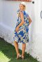 Blue-Beige V-Neck Sleeveless Woven Casual Dress with Ruffles at the Hem - 8