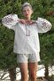 White Halter Neck Balloon Sleeve Collar and Sleeve Embroidered Woven Casual Blouse - 5