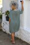 Italian Khaki Boat Neck Short Sleeve Buttoned Cotton Woven Casual Dress - 8