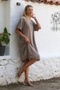 DarK Beige Boat NecK - Buttoned Cotton Casual Dress, Short Sleeve - 7