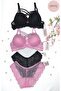 Women's Black-powder Pink Padded Lace Underwire Bra Set 2 Pieces - Dowry Package - Gift - Boxed