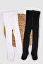 Girl's black and white colorful combed cotton 2-pack tights - 4