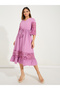Lace Insert Midi Dress with Tassel Tie Waist - 4