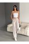 WOMEN'S PALAZZO TROUSERS, BUBBLE COATED TROUSERS WITH WHITE STRIPES ON THE SIDES AND BUTTON DETAIL - 2
