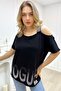 Loose Cut Plus Size One-Shoulder Open Strap Crystal Stone Stylish Comfortable Black Women's Cotton T-Shirt