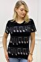 Plus Size Short Sleeve Crew Neck Note Pattern Crystal Stone Black Stylish Women's T-Shirt