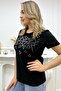 Plus Size Crew Neck Geometric Patterned Crystal Stone Short Sleeve Stylish Cotton Black Women's T-Shirt - 2