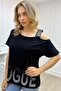Loose Cut Plus Size One-Shoulder Open Strap Crystal Stone Stylish Comfortable Black Women's Cotton T-Shirt - 2