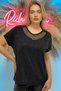 Comfortable Fit Mesh Detailed Large Size Crystal Stone Printed Cotton Black Women's T-shirt